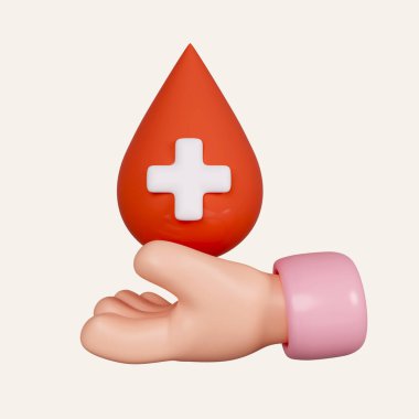 3D Hand kan ikonunu tutuyor. Kan bağışı, sağlık hizmeti, gönüllü konsepti. Beyaz arkaplanda ikon izole edildi. 3D tasvir. Kesme yolu..