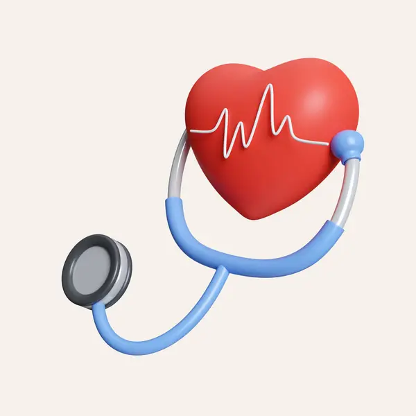 3d red heart with pulse line and stethoscope. heartbeat or cardiogram for healthy lifestyle, pulse beat measure. icon isolated on white background. 3d rendering illustration. Clipping path..