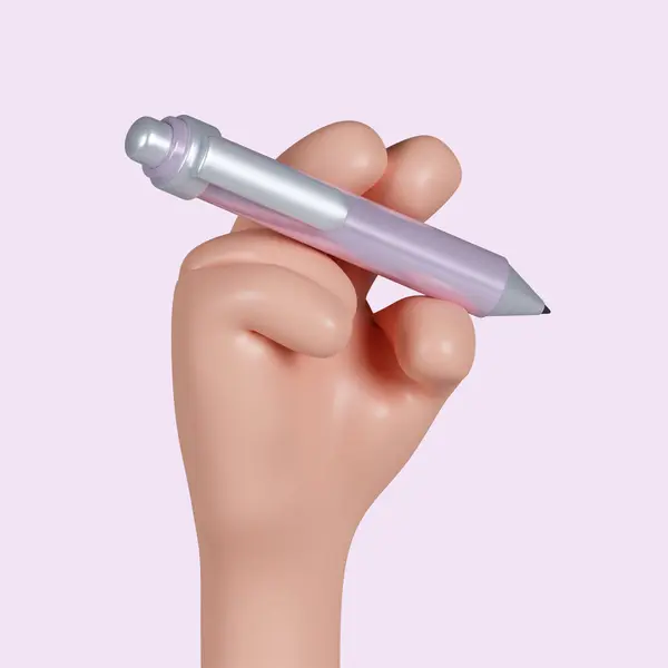 3d Cartoon character hand holds pen. Writing or drawing icon. icon isolated on pink background. 3d rendering illustration. Clipping path..