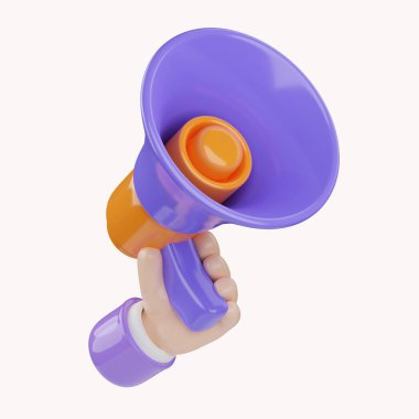 Çizgi filmdeki el megafonu, beyaz izole arkaplanda 3D görüntüsü. Dijital Pazarlama kavramı..