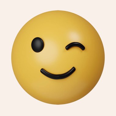 3d Göz Kırpan Yüz. Göz kırpan emoji, gülümseyen dudaklı komik sarı ifade. Gri arkaplanda ikon izole edildi. 3D tasvir. Kesme yolu..