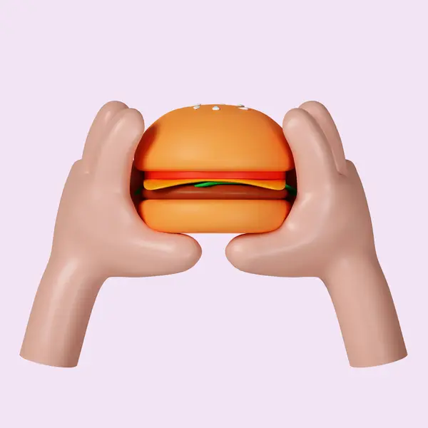 3d hands holding hamburger. icon isolated on pink background. 3d rendering illustration. Clipping path..