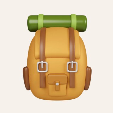 3D kamp çantası. Kamp için, yürüyüş için, yaz kampı için, seyahat için, gezi için. Beyaz arkaplanda ikon izole edildi. 3D tasvir. Kesme yolu..