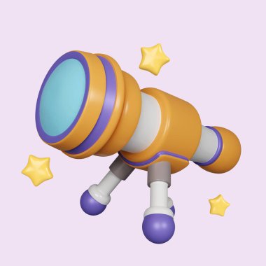 3D teleskop. Mor arkaplanda izole edilmiş simge. 3D tasvir. Kesme yolu..