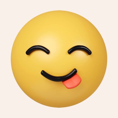 3d Lezzetli emoji. Gülümseyen ifade, dudakları yalayan, yemeğin tadını çıkaran. Gri arkaplanda ikon izole edildi. 3D tasvir. Kesme yolu..