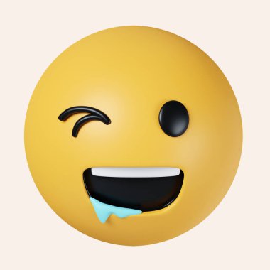 3D Acıkmış Salyalı Emoji. Ağız köşesinden tükürük tükürüğüyle duygusal. Gri arkaplanda ikon izole edildi. 3D tasvir. Kesme yolu..