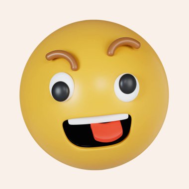 Üç boyutlu çılgın duygu. Dili dışarı çıkmış bir yüz. Gri arkaplanda ikon izole edildi. 3D tasvir. Kesme yolu..