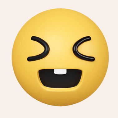3D Işıldayan yüz emojisi, gülümseyen gözler ve açık bir gülümseme. Gri arkaplanda ikon izole edildi. 3D tasvir. Kesme yolu..