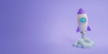 Uzayda uçan 3D roket. Mor arka planda uzay gemisi roketi yemeği. pankart, 3D resimleme..