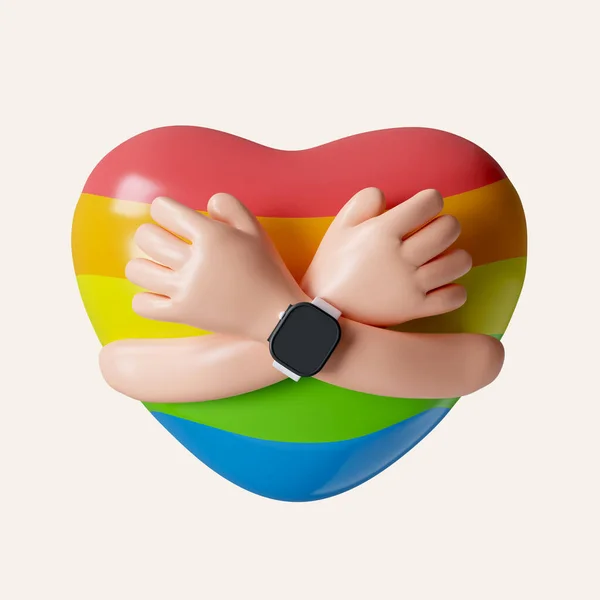 3D sarılma Heart. Lgbt gökkuşağı bayrağı. Gay gururu, travesti, lezbiyen topluluğu gökkuşağı renginde parlak bir düğme. Beyaz arkaplanda ikon izole edildi. 3D tasvir. Kesme yolu..