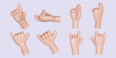 3D çizgi film karakteri el hareketi seti. Gri arkaplanda ikon izole edildi. 3D tasvir. Kesme yolu..