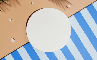 Yaz sahnesi arka planında tropikal palmiye yapraklı doğal boş silindir kutusu. Düz yatıyordu. Üst Manzara. İllüstrasyon pankartı 3d resimleme.