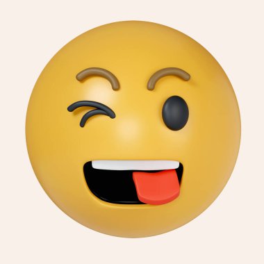 Üç boyutlu Göz Kırpan Dil. Sarı emoji dilini çıkarıp göz kırpıyor. Ahmaklık, soytarılık. Gri arkaplanda ikon izole edildi. 3D tasvir. Kesme yolu..