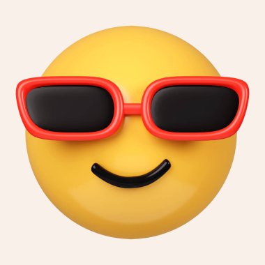3d Cool emoticon. Güneş gözlüğü emojisi ile gülen surat. Koyu renk gözlük takan mutlu insan. Gri arkaplanda ikon izole edildi. 3D tasvir. Kesme yolu..