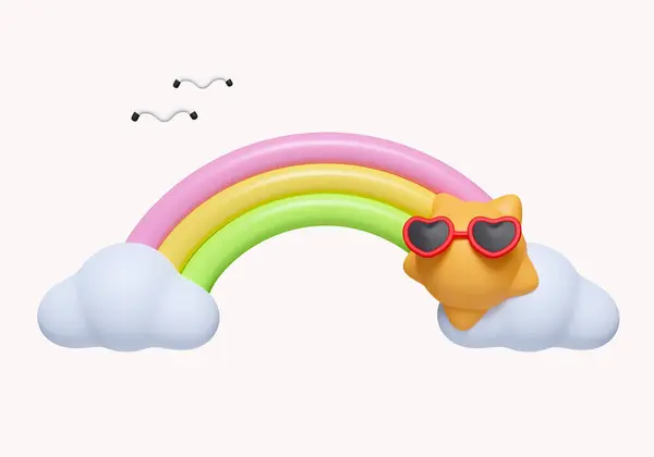 3D yaz tatili, güneş, gökkuşağı, bulut. Tropik plaj eşyaları, yaz tatili ve tatil konsepti. Beyaz arkaplanda ikon izole edildi. 3D tasvir. Kesme yolu.