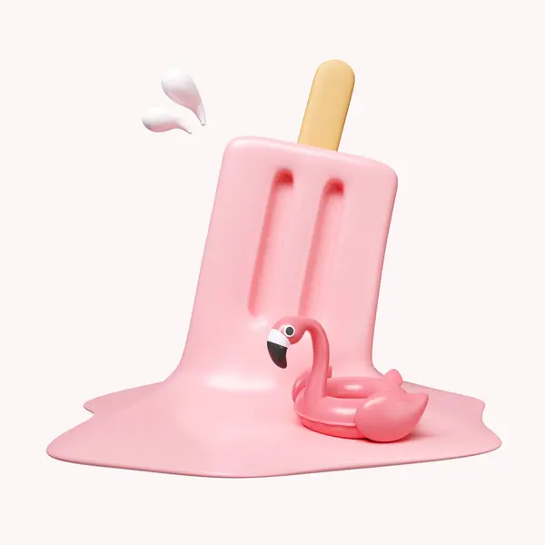 Ghiacciolo Sciogliere Con Pink Flamingo Galleggiante Vacanze Estive Concetto Vacanze — Foto Stock