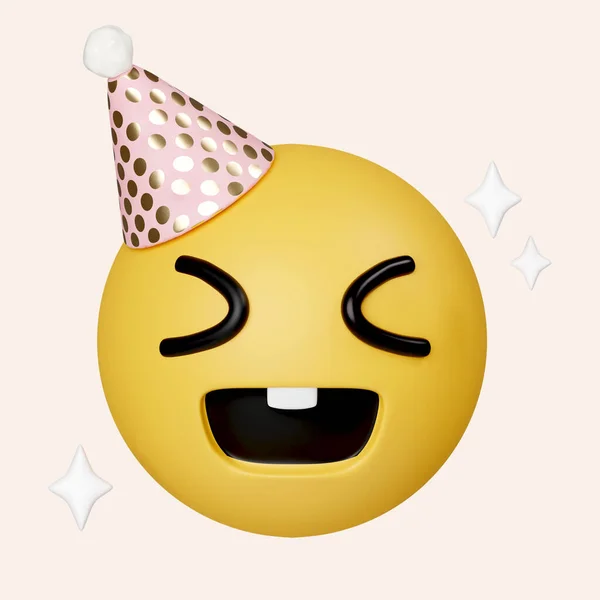 3d party emoji celebrate emoticon. Happy birthday face hat emoji. icon isolated on gray background. 3d rendering illustration. Clipping path..