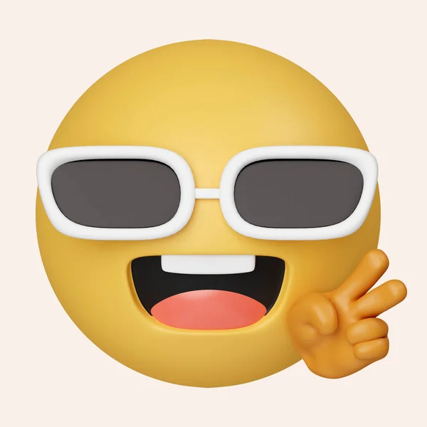 3d emoji smile with sunglasses and two fingers. icon isolated on gray background. 3d rendering illustration. Clipping path..