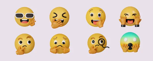 3D Icon Emoji 'yi ayarla. Gerçekçi Sarı Parlak 3 boyutlu Duygular suratı. Gri arkaplanda ikon izole edildi. 3D tasvir. Kesme yolu..