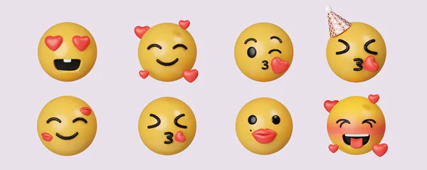 Üçlü emoji setine bayılırım. Sarı Işıltılı 3D Duygular yüzü. Gri arkaplanda ikon izole edildi. 3D tasvir. Kesme yolu..
