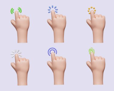 Elle ve tıklayarak 3D Bilgisayar imleci. Parmak izi taramasına basan, işaret eden ya da dokunan çeşitli erkek kolları. Gri arkaplanda ikon izole edildi. 3D tasvir. Kesme yolu..