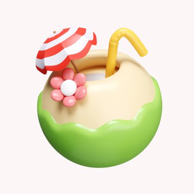 Yaz için 3 boyutlu hindistan cevizi suyu. Yaz tatili ve tatil konsepti. Beyaz arkaplanda ikon izole edildi. 3D tasvir. Kesme yolu..