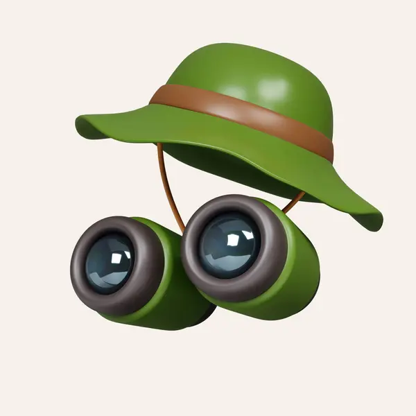 3d camping hat with binoculars. elements for camping, hiking , summer camp, traveling, trip. icon isolated on white background. 3d rendering illustration. Clipping path..