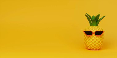 Ananaslı ve sarı arka planda güneş gözlüklü 3D yaz konsepti. Uzayı kopyala 3 boyutlu illüstrasyon pankartı. 3d resimleme.