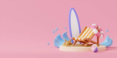 Plaj aksesuarları, yaz tatili, tatil gezisi ve pembe arka planda gerekli eşyalar. Rahatlama ve dinlenme kavramı. 3B görüntüleme.