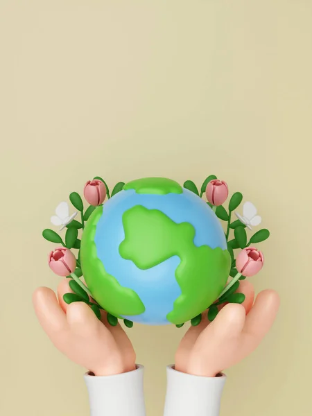 3d earth with flower. Concept of Save the Earth, Protect environmental and eco green life, ecology and nature protect. 3d rendering illustration..