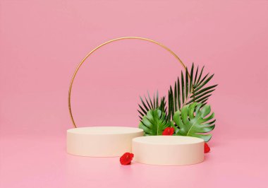 Yaz tatili, yaz bitkisiyle 3D podyum. Tropik konsept fikri. İllüstrasyon pankartı 3d resimleme.