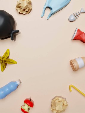 Bej arka planda 3d geri dönüşümlü atık. Atık yönetimi geri dönüşüm konsepti. 3d resimleme..