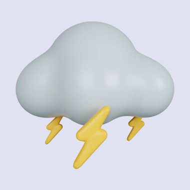 3 boyutlu hava. Sarı parlayan şimşekli bulutlar. Gri arkaplanda ikon izole edildi. 3D tasvir. Kesme yolu..