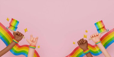 3D LGBT onur geçidi posteri. Çizgi film elleri biseksüel homoseksüel transseksüel eşitliğini kutluyor. 3d resimleme..