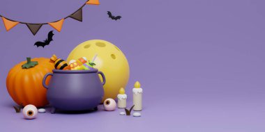 Cadılar bayramın kutlu olsun. Cadılar Bayramı zehirli balkabağı, mum, ay ve yarasa. Üç boyutlu karikatür tarzı. Cadılar Bayramı arifesi ya da Aziz Arifesi. kopyalama alanı. 3d hazırlayıcı..