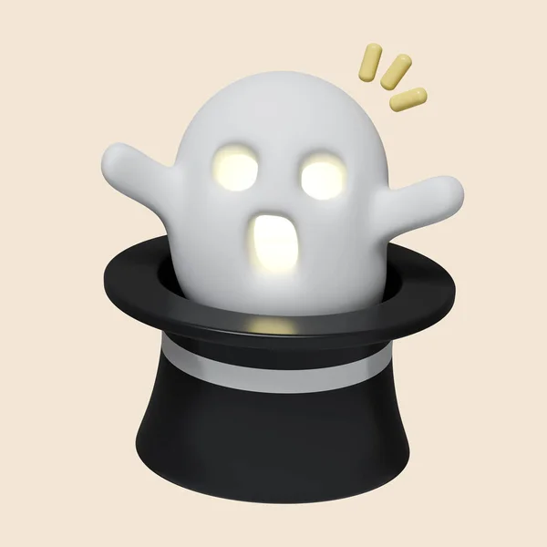 3d Halloween Ghost in magician hat icon. Traditional element of decor for Halloween. icon isolated on gray background. 3d rendering illustration. Clipping path..