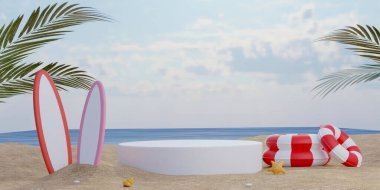 Yaz sahili arka planı, sörf tahtası, yüzme yüzüğü, palmiye yaprağı ve yaz konseptiyle silindir sahne podyumu boş. 3d illüstrasyon veya 3d canlandırma.
