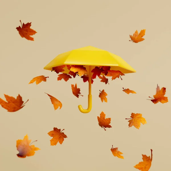 3d Maple leaf falling from umbrella. 3d rendering illustration..