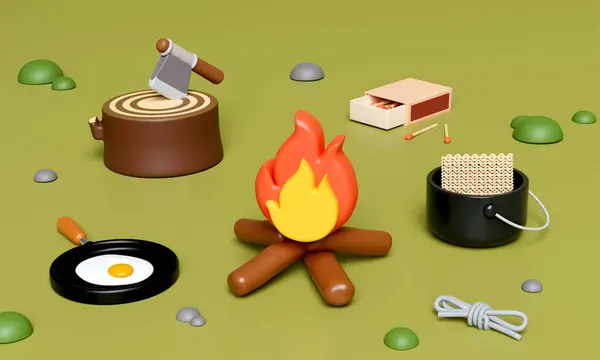 3d Cooking Campsite in nature and elements for camping, camp fire, trip, hiking. Concept. 3d rendering illustration..