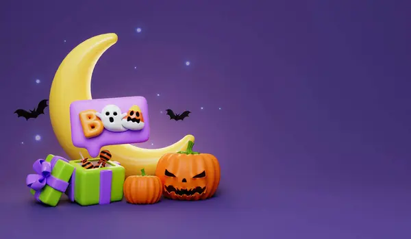 3d Happy Halloween. Zombie hand hold Jack-o-Lantern pumpkin with coin on purple background. Happy Halloween concept. Traditional october holiday. copy space. 3d render..