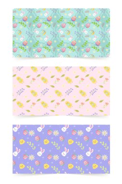 Paskalya desenleri pürüzsüz. Afişler, posterler, kapak tasarımı şablonları, sosyal medya hikayeleri duvar kağıtları ve tebrik kartları için bahar şablonu..