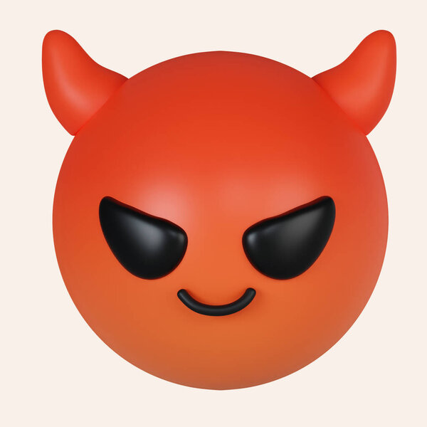 3d emoticon smiling with horns, devil emoji. Красное лицо дьявола смайлик. Иконка изолирована на заднем плане. 3d визуализация иллюстрации. Обрезной путь..
