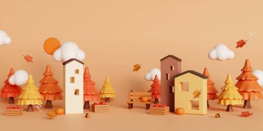 Düşen yapraklar, bank ve çam ağacıyla 3d Sonbahar. Sonbahar, kış ve açık hava kavramı. Boşluk metnini kopyala, 3B görüntüleme.