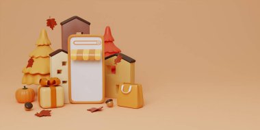 Merhaba telefon, yapraklar, balkabakları, ceviz, alışveriş torbası, hediye kutusu geçmişi. Sonbahar afişleri, posterler, reklamlar, kartlar, satışlar için üç boyutlu sonbahar yaprakları. 3d resimleme..