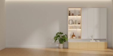 Ahşap dolabı olan modern minimalist oturma odası ve boş beyaz duvara 3D döşeme.