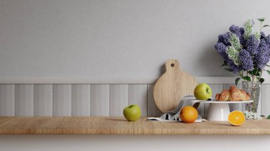 Güzel ahşap üzerinde boş bir alan. Üzerinde kruvasan, meyve ve çiçek olan ahşap tezgah. 3d resimleme.