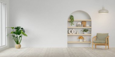 Koltuğu olan modern minimalist iç mekan ve boş beyaz bir duvara yerleştirilmiş 3D.