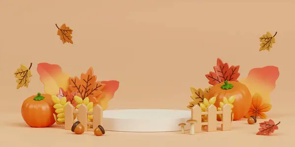 Sonbahar Podyum Dekorasyon Arkaplanı Sonbahar yaprakları ve boş minimal podyum temel ürün gösterimi. 3d resimleme..