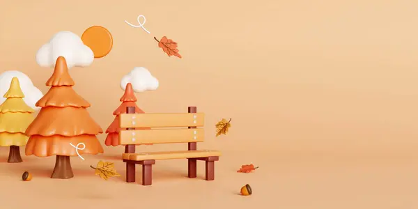 Осень Опавшими Листьями Скамейка Сосна Концепция Осени Зимы Открытом Воздухе — стоковое фото