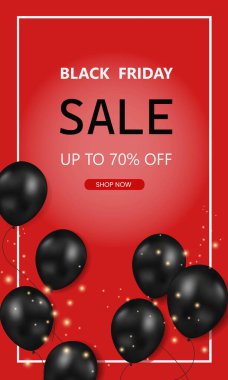 Kara Cuma Dikey Afişleri. Kırmızı Arkaplanda Uçan Parlak Balon. Düşen konfeti. Vektör illüstrasyonu..